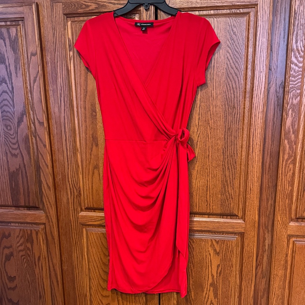 INC Elegant Red faux Wrap Dress with side tie. Like New!